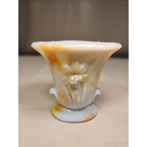 Vintage Akro Agate Slag Glass Lily Vase Orange & White 4.25" Tall O08